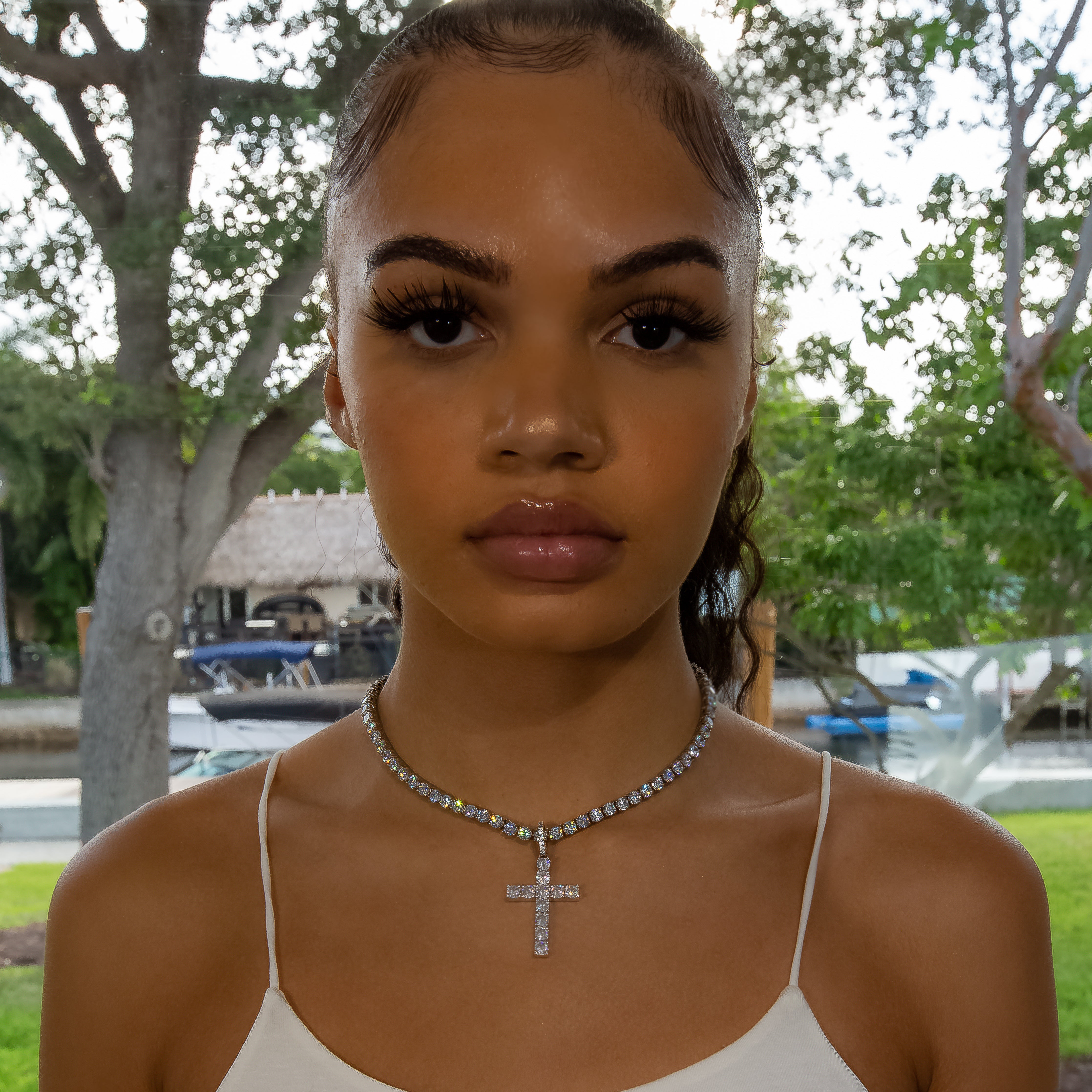 Iced Diamond Original Cross in White Gold (view 6 of 11) · female-model