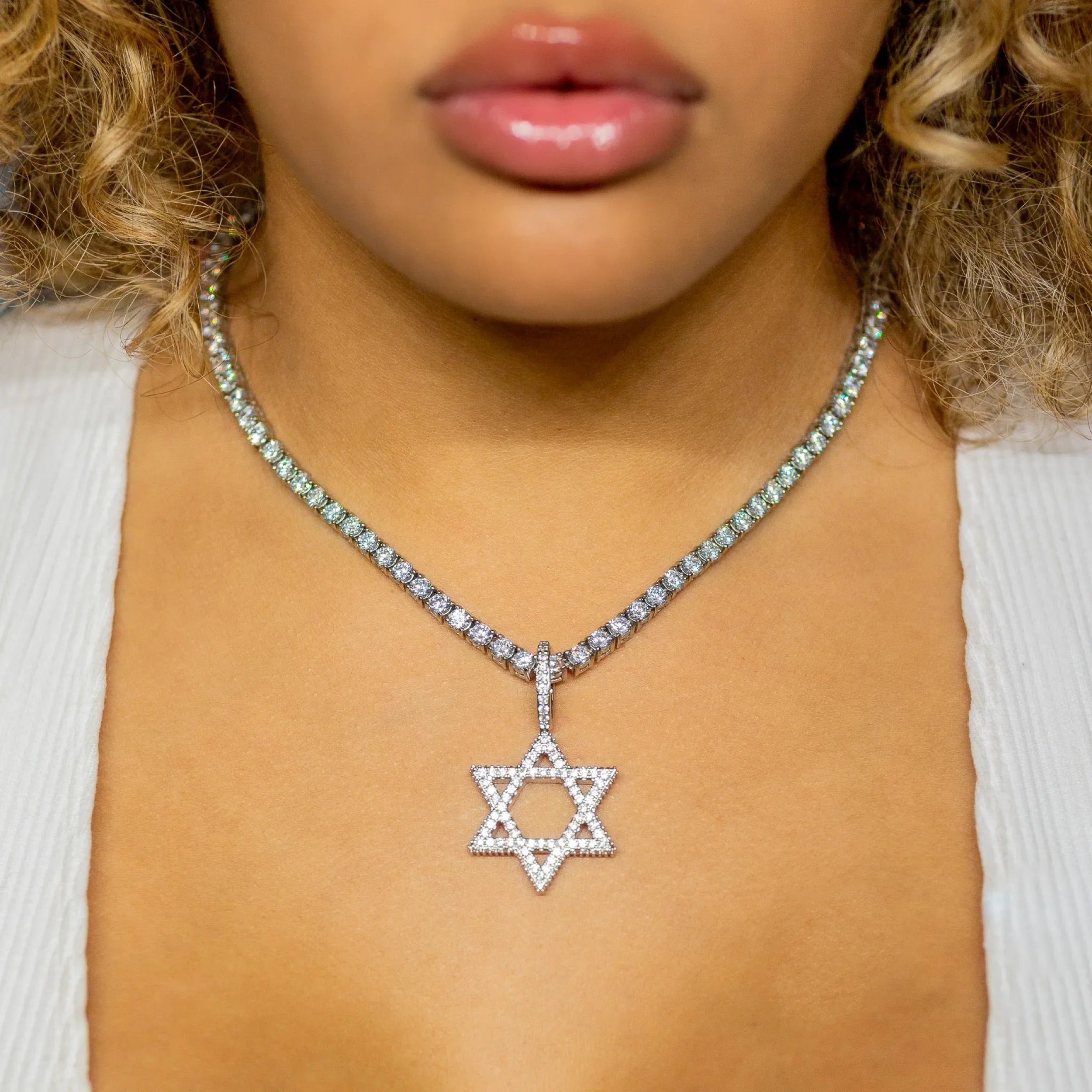 Diamond Star of David in 18K White Gold · female-model