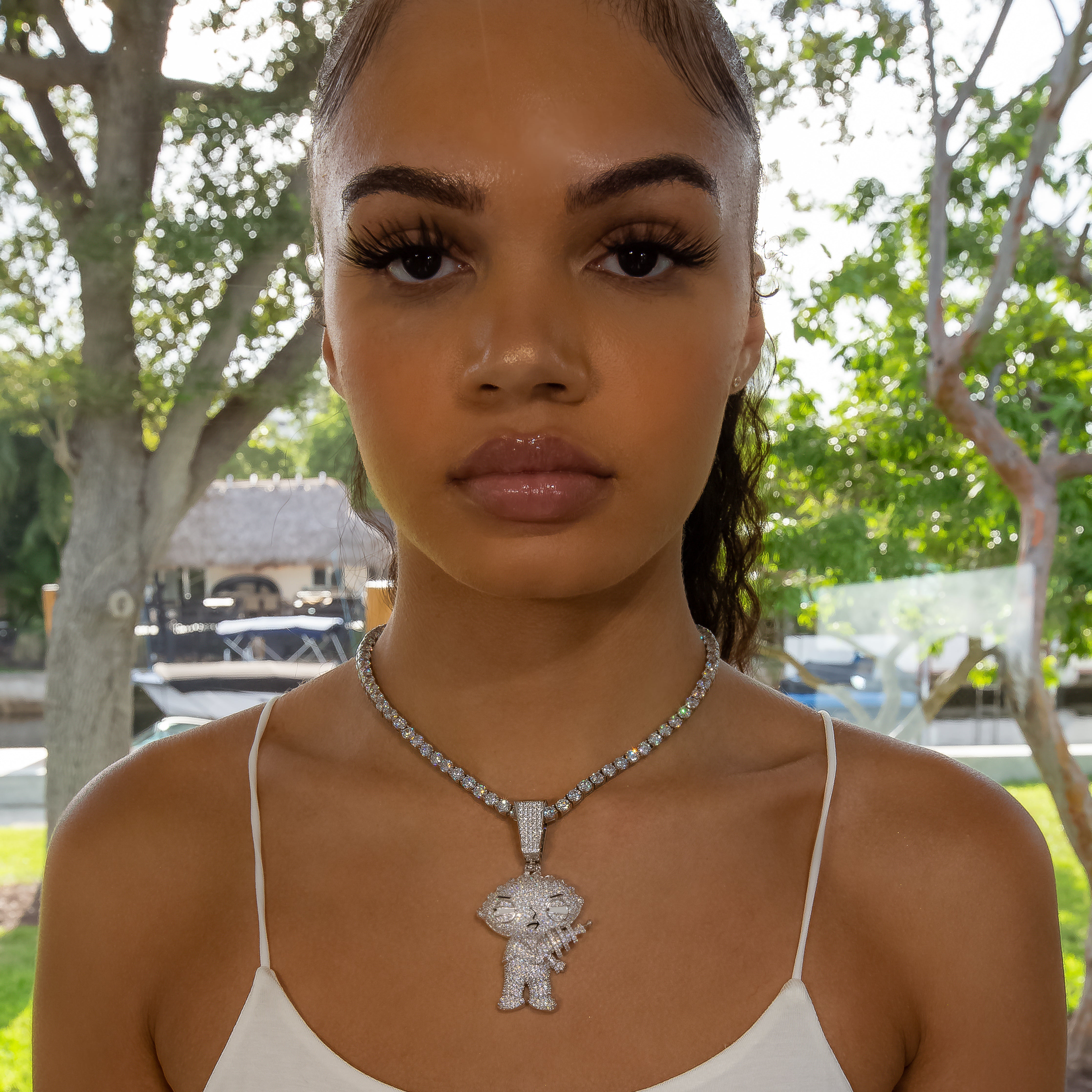 Diamond Stewie Pendant - 18K White Gold · female-model