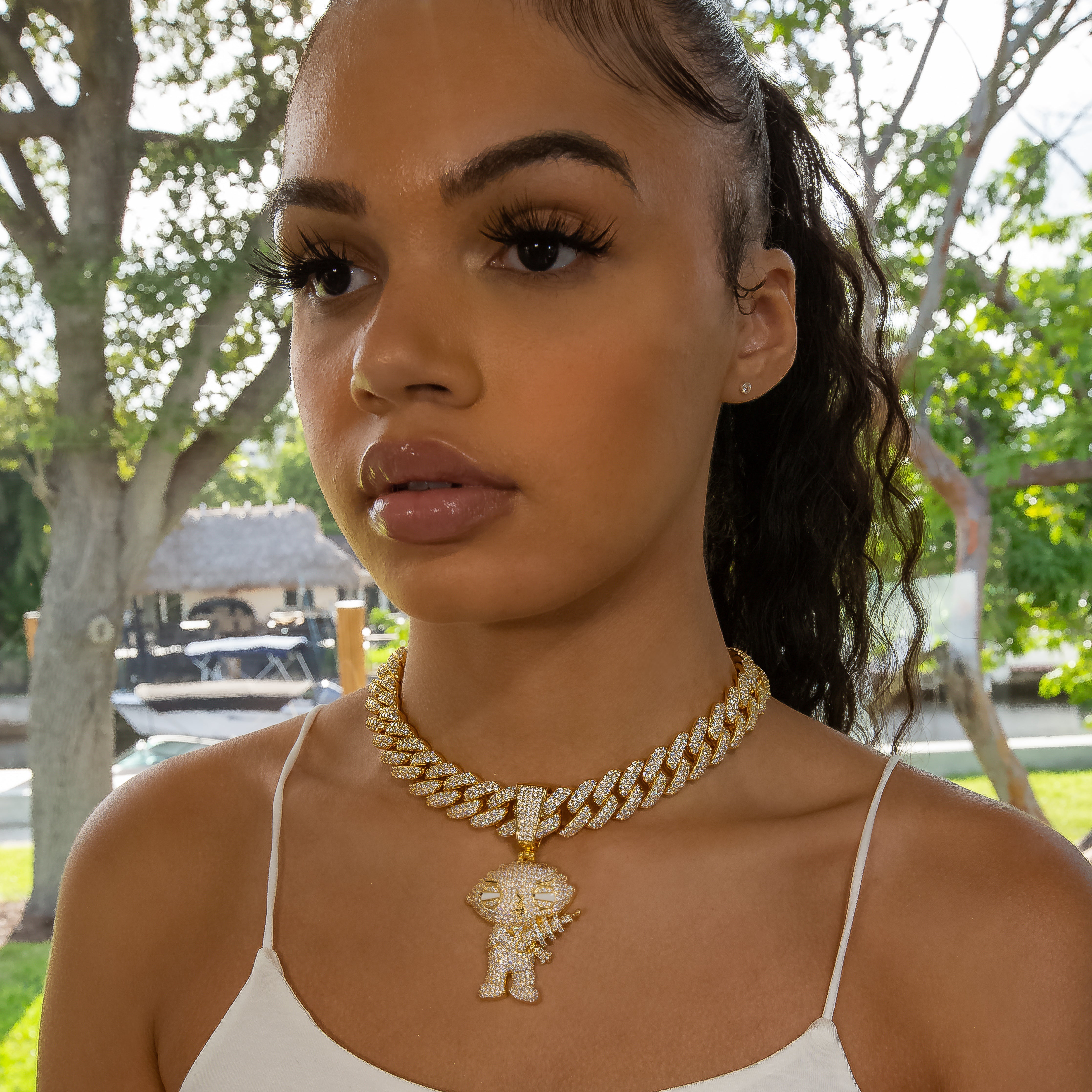 Diamond Stewie Pendant - 18K Yellow Gold · female-model