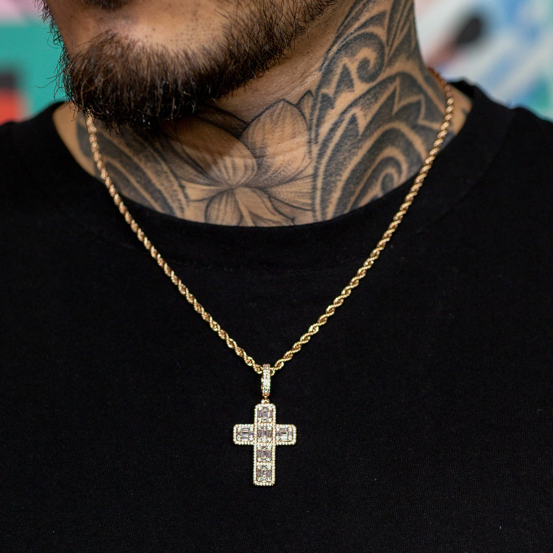 Iced Baguette Cross in Rose Gold | SKRT® · male-model