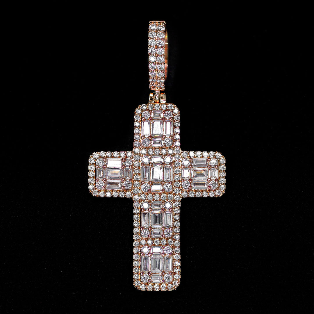 Iced Out Baguette Diamond Cross in Rose Gold | SKRT® · male-model