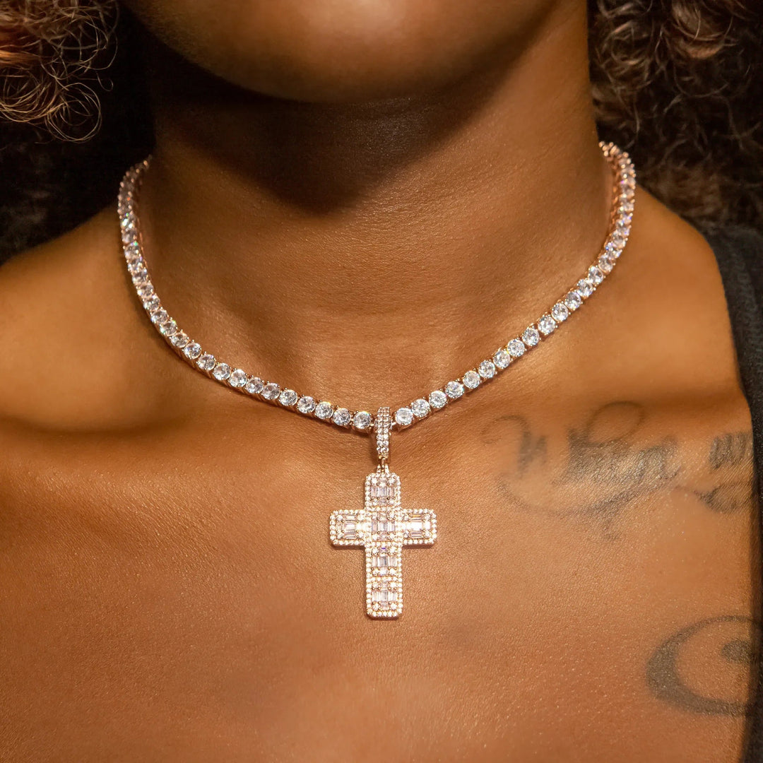 Iced Out Baguette Diamond Cross in Rose Gold · male-model