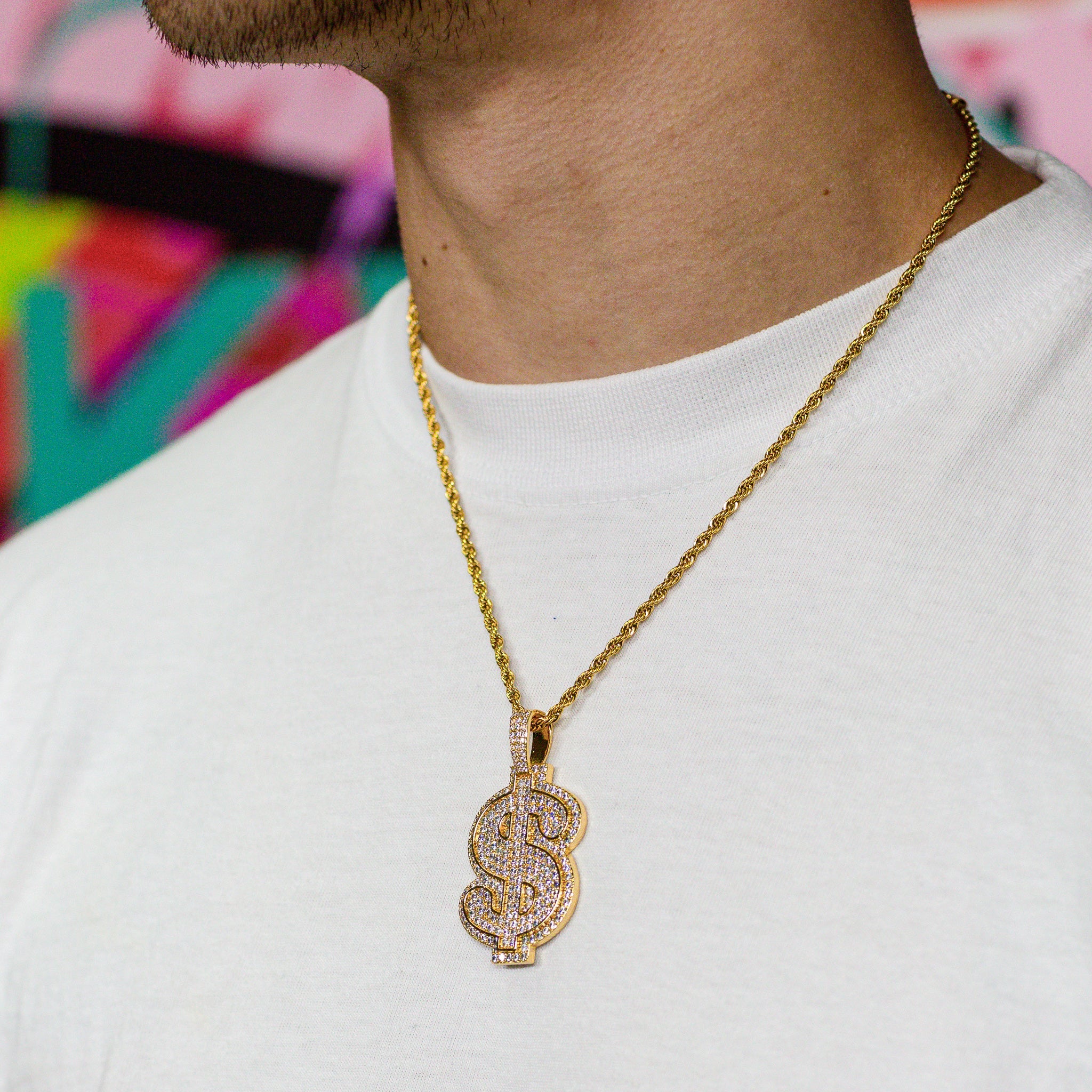 Iced Dollar Sign in Yellow Gold (view 3 of 3) · male-model