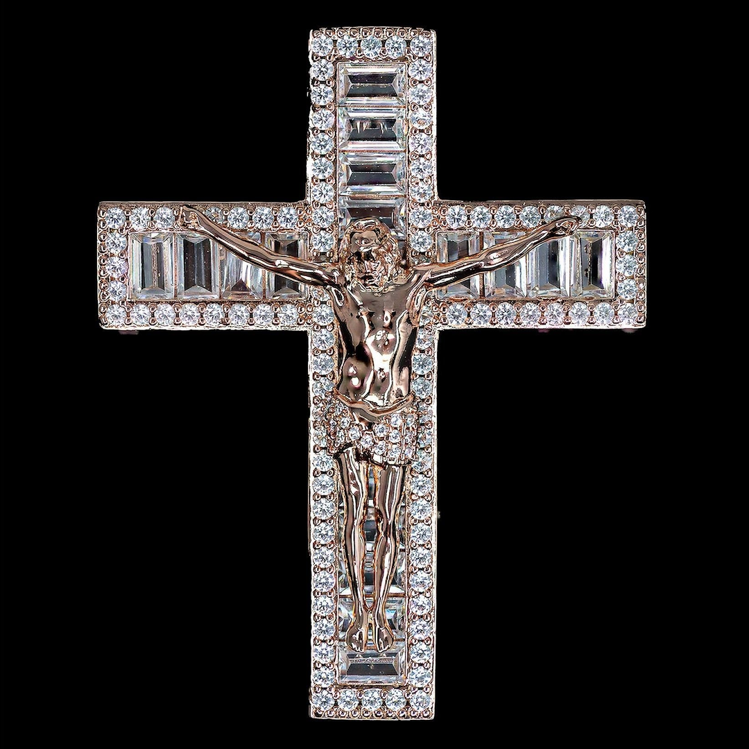 Iced Jesus Cross Pendant - 18K Rose Gold · male-model