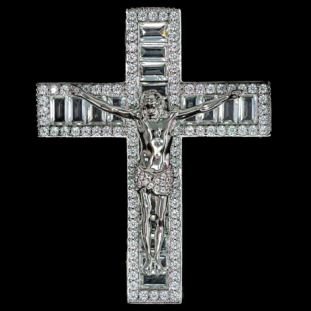 Iced Jesus Cross Pendant - 18K White Gold · male-model