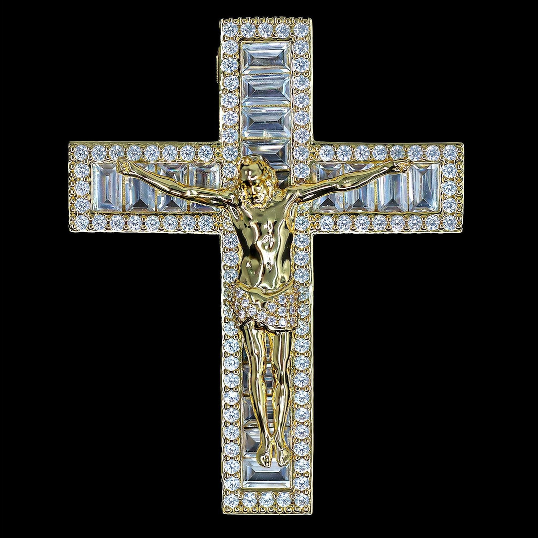 Iced Jesus Cross Pendant - 18K Yellow Gold · male-model