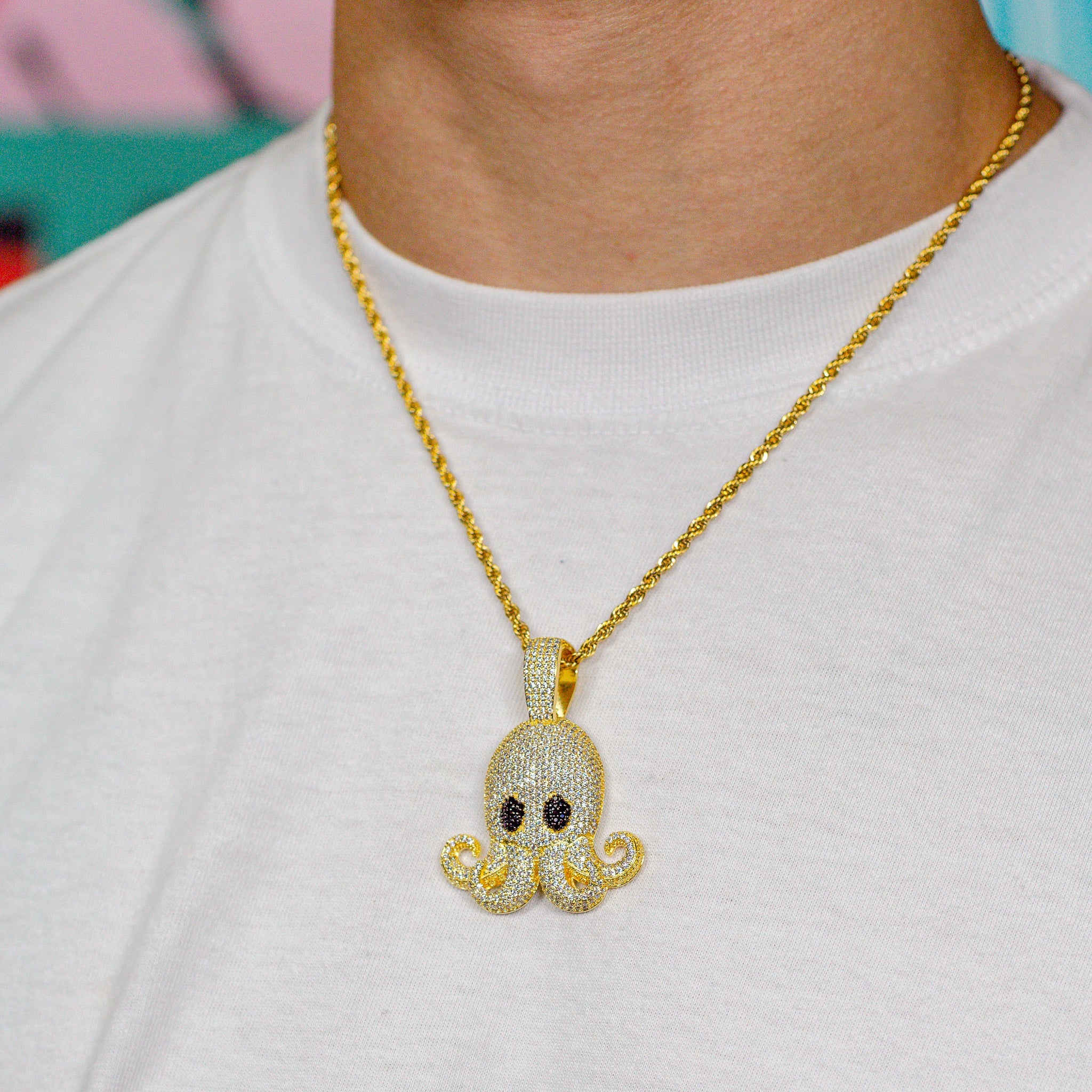 Iced Out Octopus Pendant in Yellow Gold (view 3 of 3) · male-model