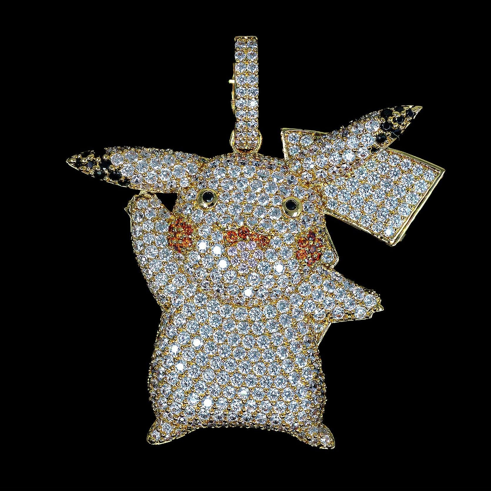 Iced Out Pikachu Pendant - 18K Yellow Gold · male-model