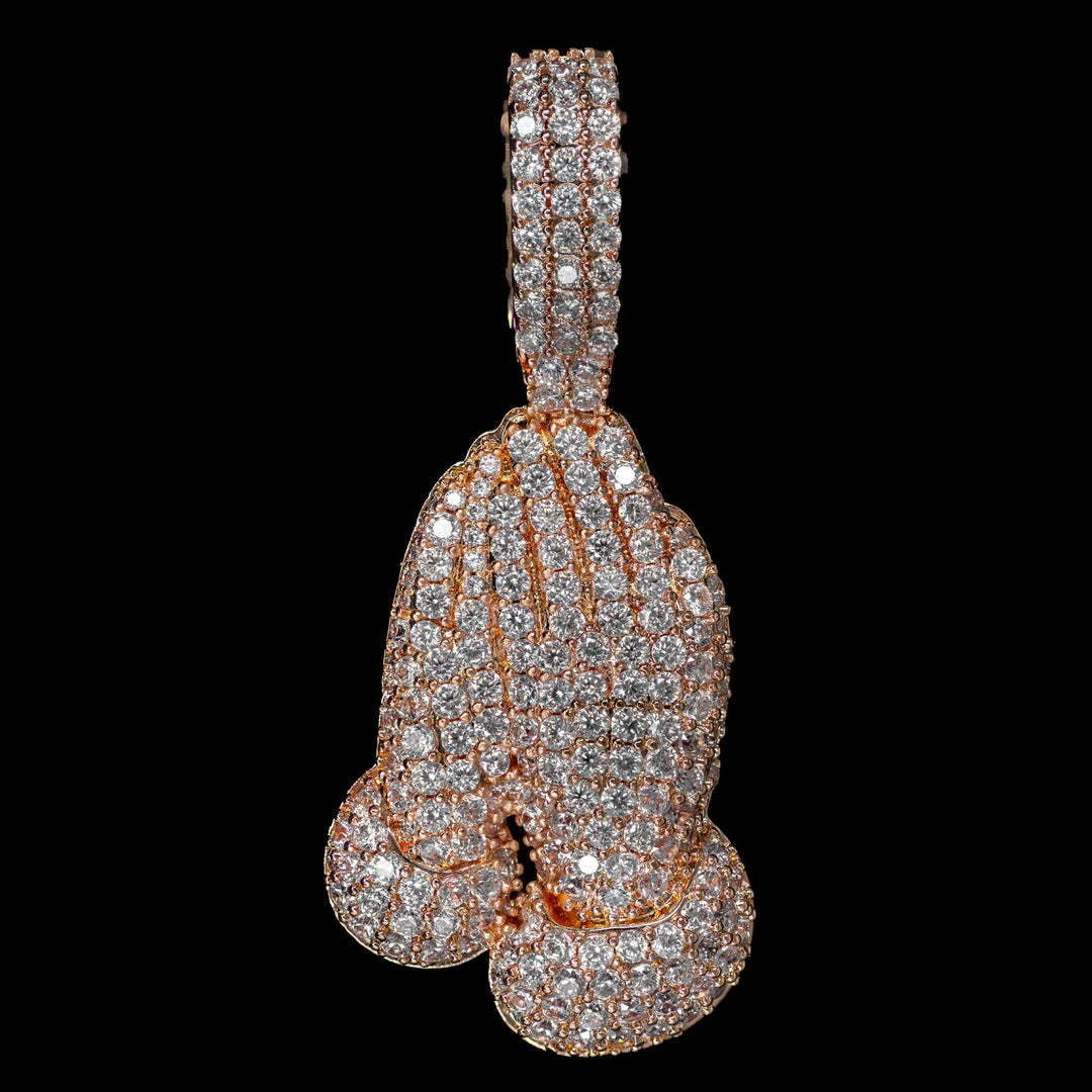 Iced Praying Hands Pendant - 18K Rose Gold · male-model