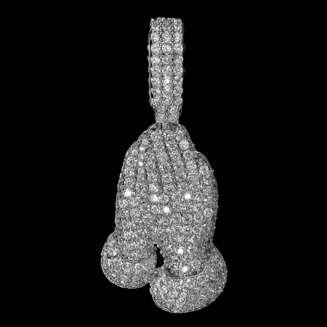 Iced Praying Hands Pendant - 18K White Gold · male-model