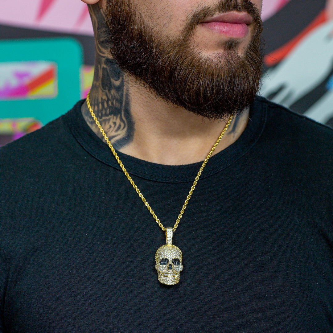 Iced Skull Pendant - 18K Yellow Gold · male-model