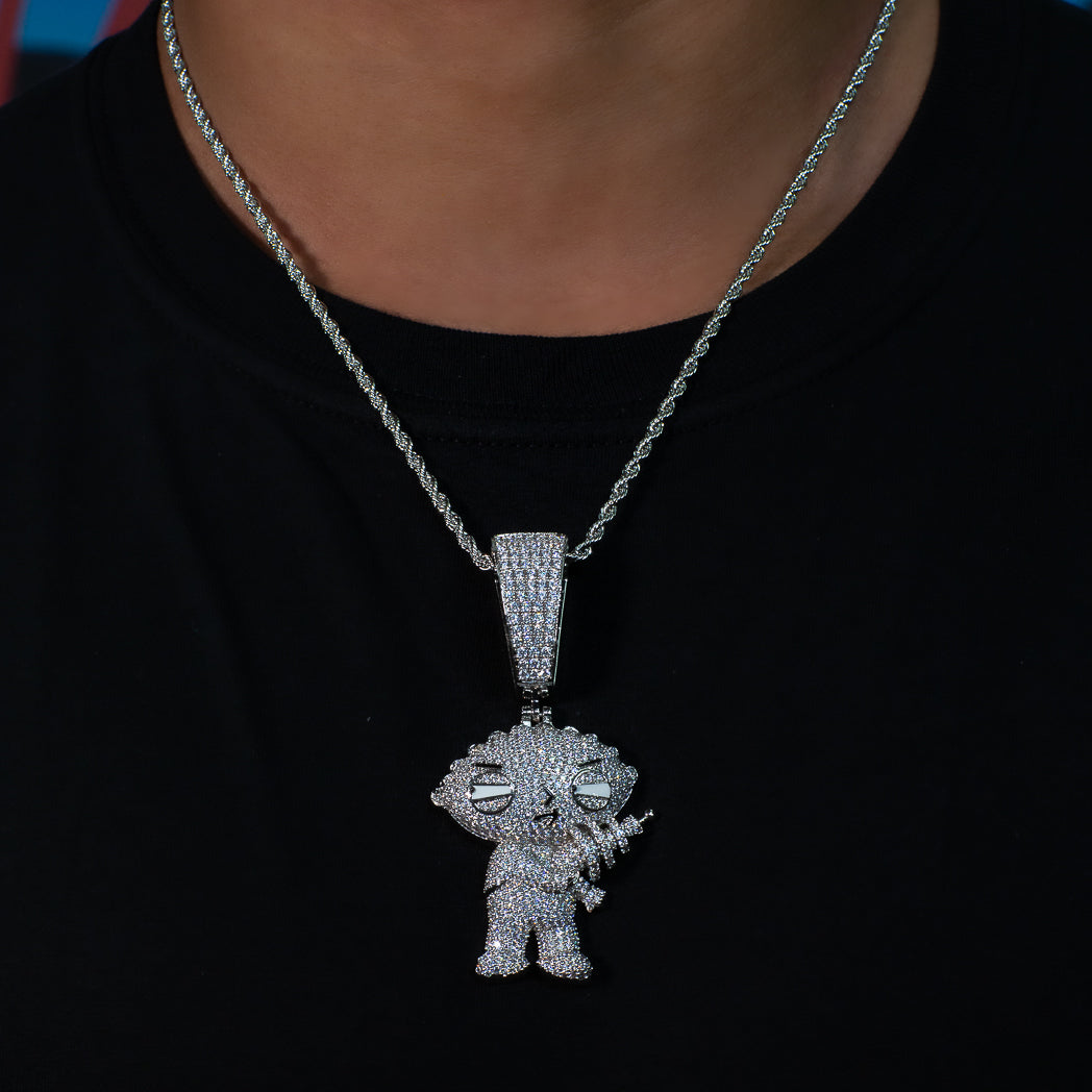Iced Stewie Pendant - 18K White Gold · male-model