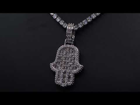 Iced Mini Emerald Hamsa Hand in 18K White Gold