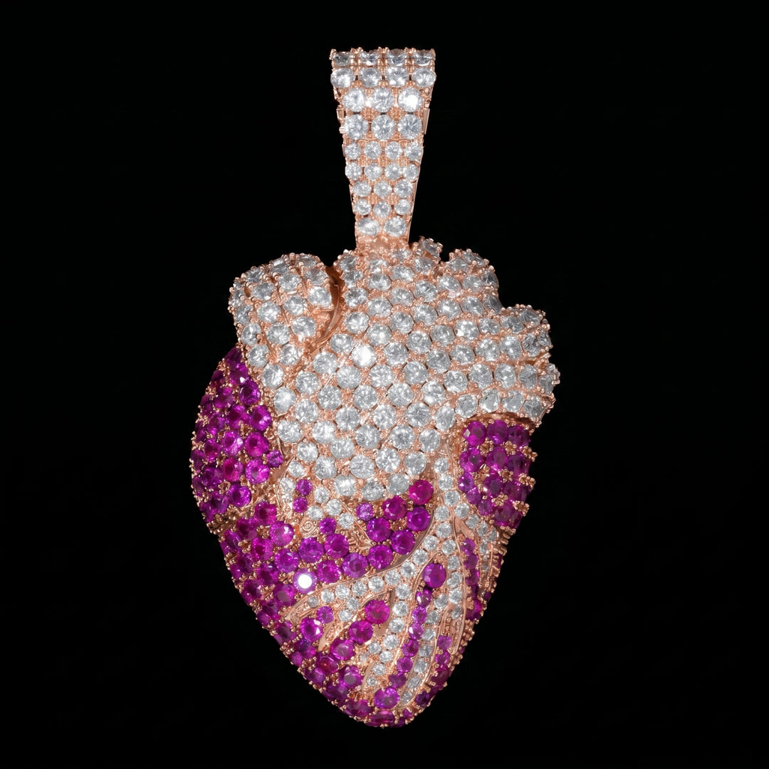 Iced Realistic Heart Pendant in Rose Gold