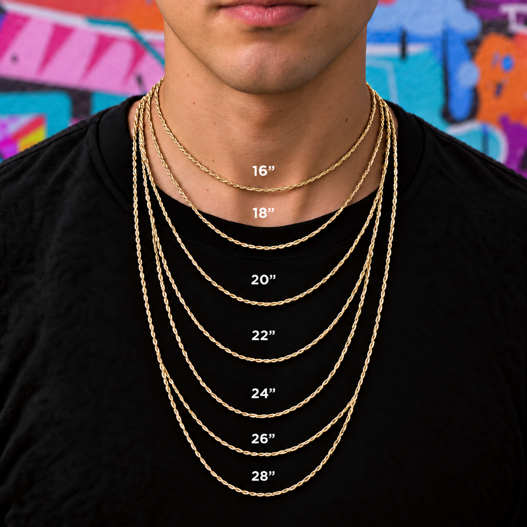 SKRT men's chain size guide: model wearing chains labeled 16, 18, 20, 22, 24, 26, and 28 inches.