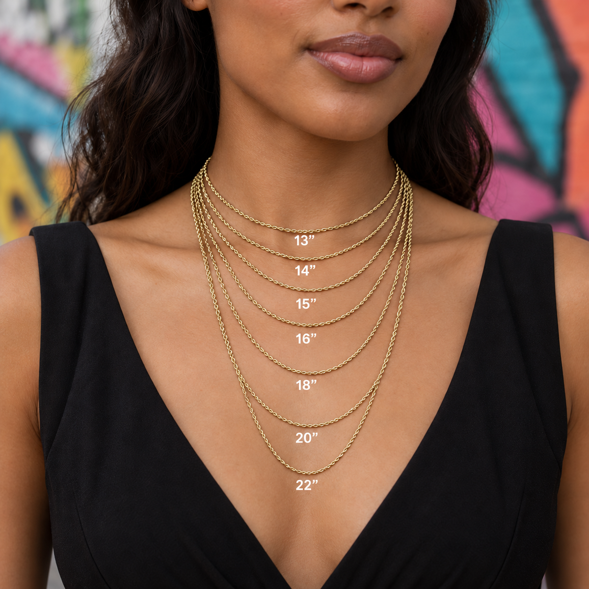 SKRT women's necklace and choker size guide: model wearing chains labeled 13, 14, 15, 16, 18, 20, and 22 inches.