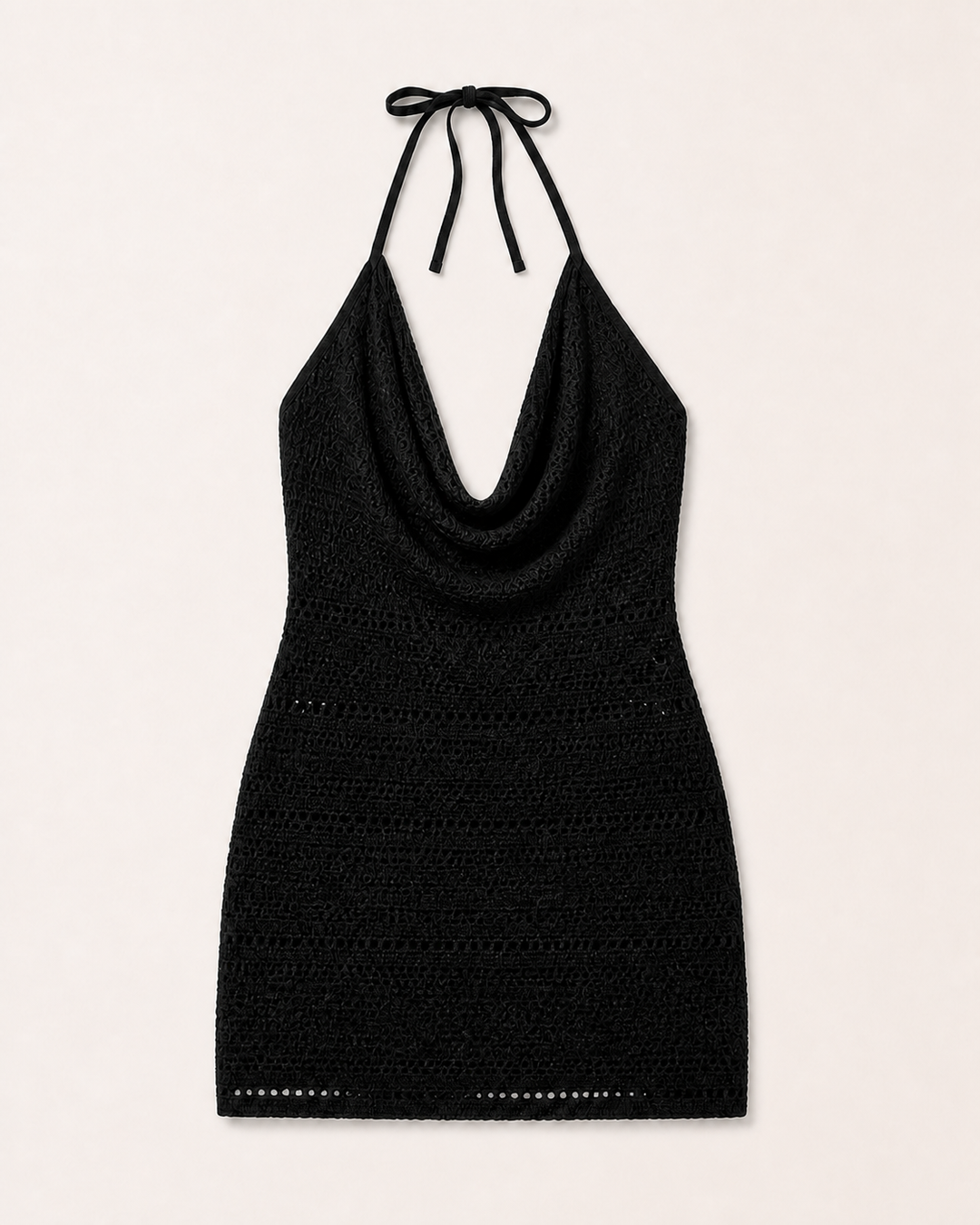 Black Crochet Cowl-Neck Halter Mini Dress