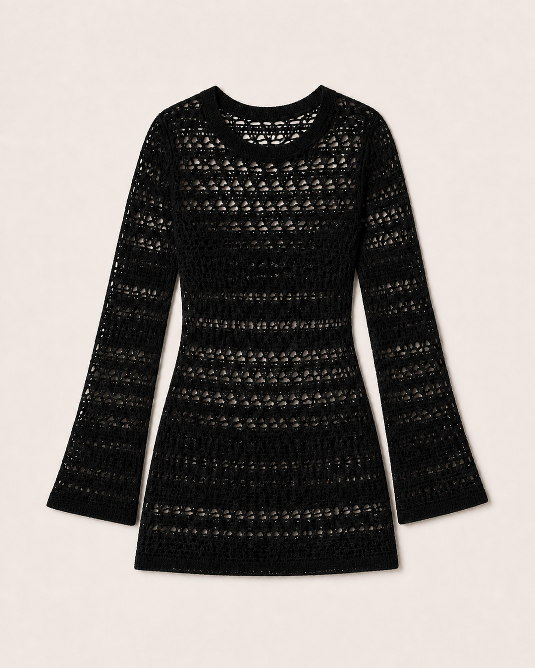 Black Crochet Long-Sleeve Mini Dress Cover-Up