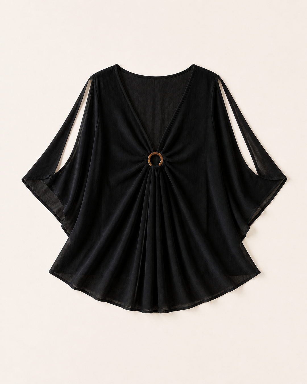Black Kimono Tunic Cover-Up with Wood Ring