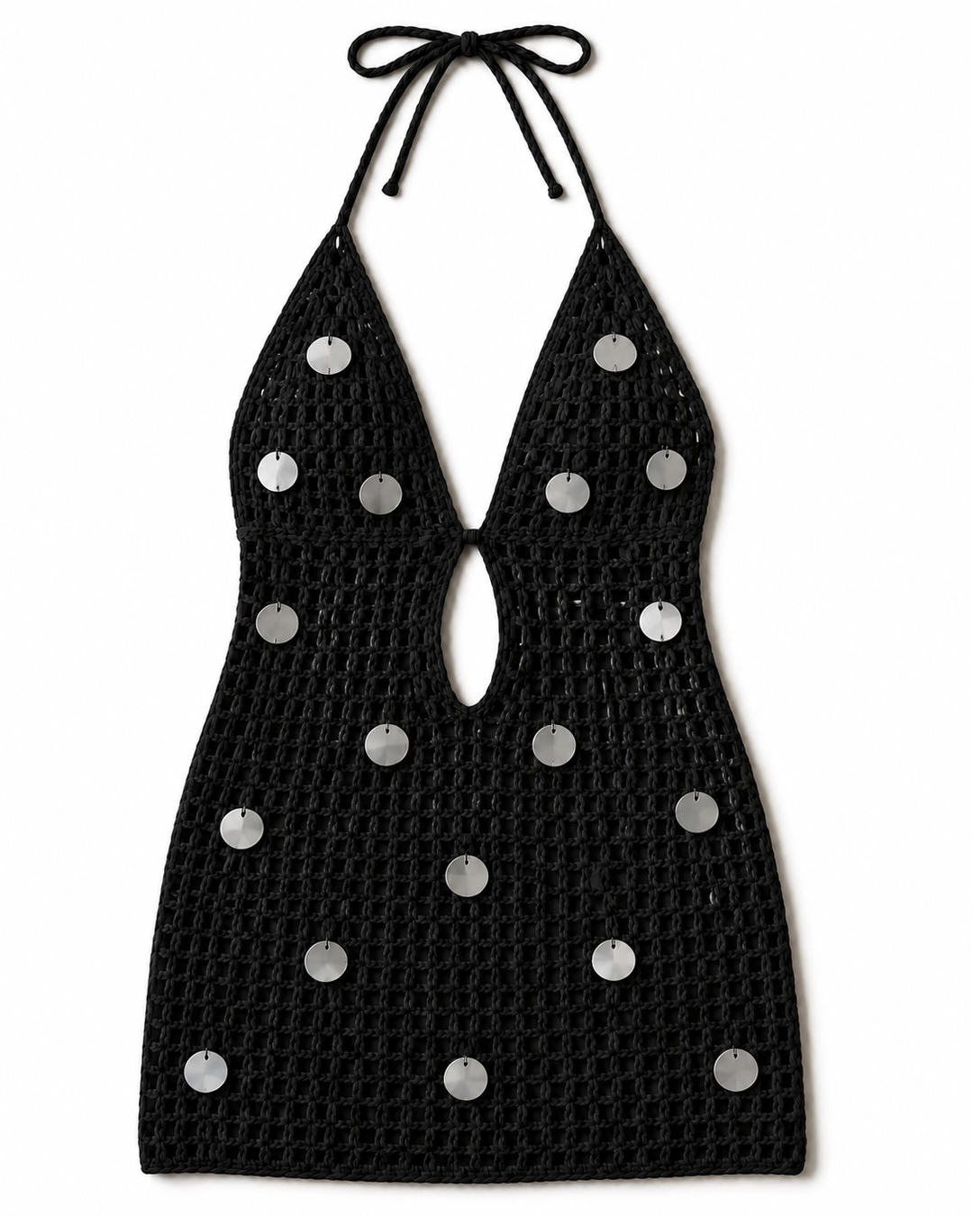Black Sequin Crochet Halter Mini Dress
