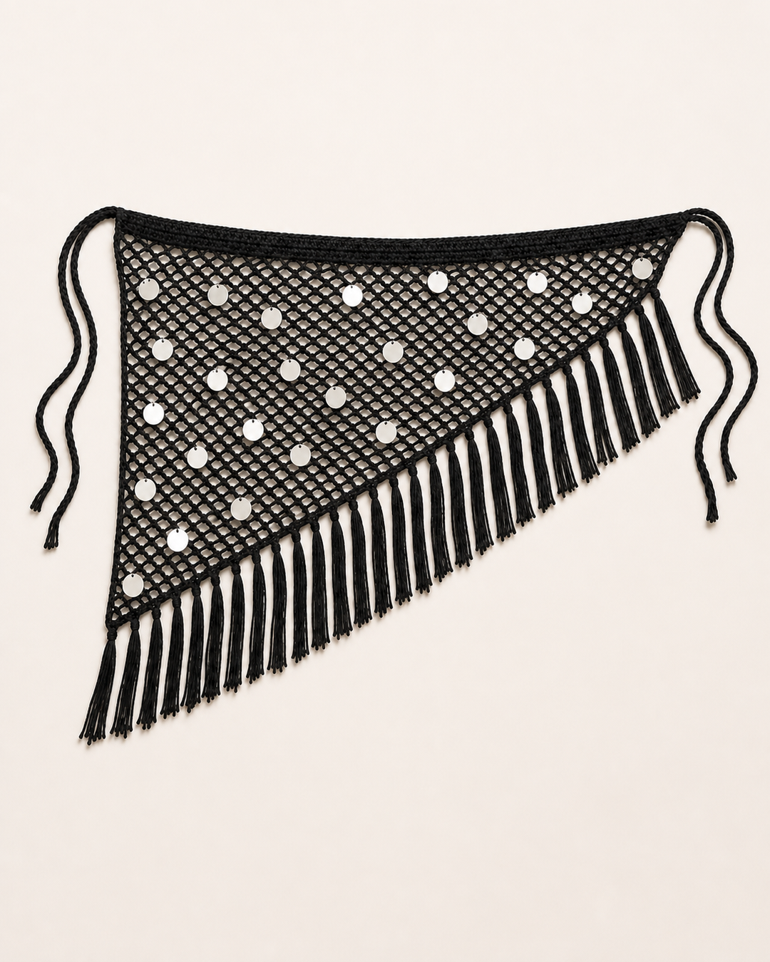 Black with Silver Discs Sequin Crochet Fringe Sarong Wrap