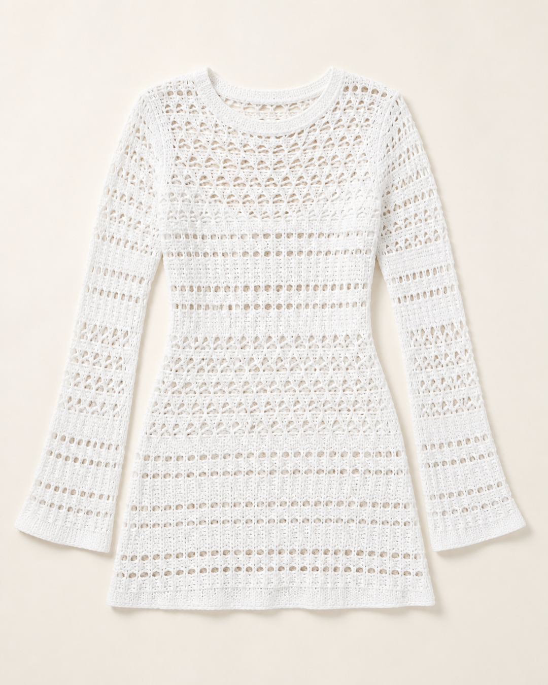 White Crochet Long-Sleeve Mini Dress Cover-Up