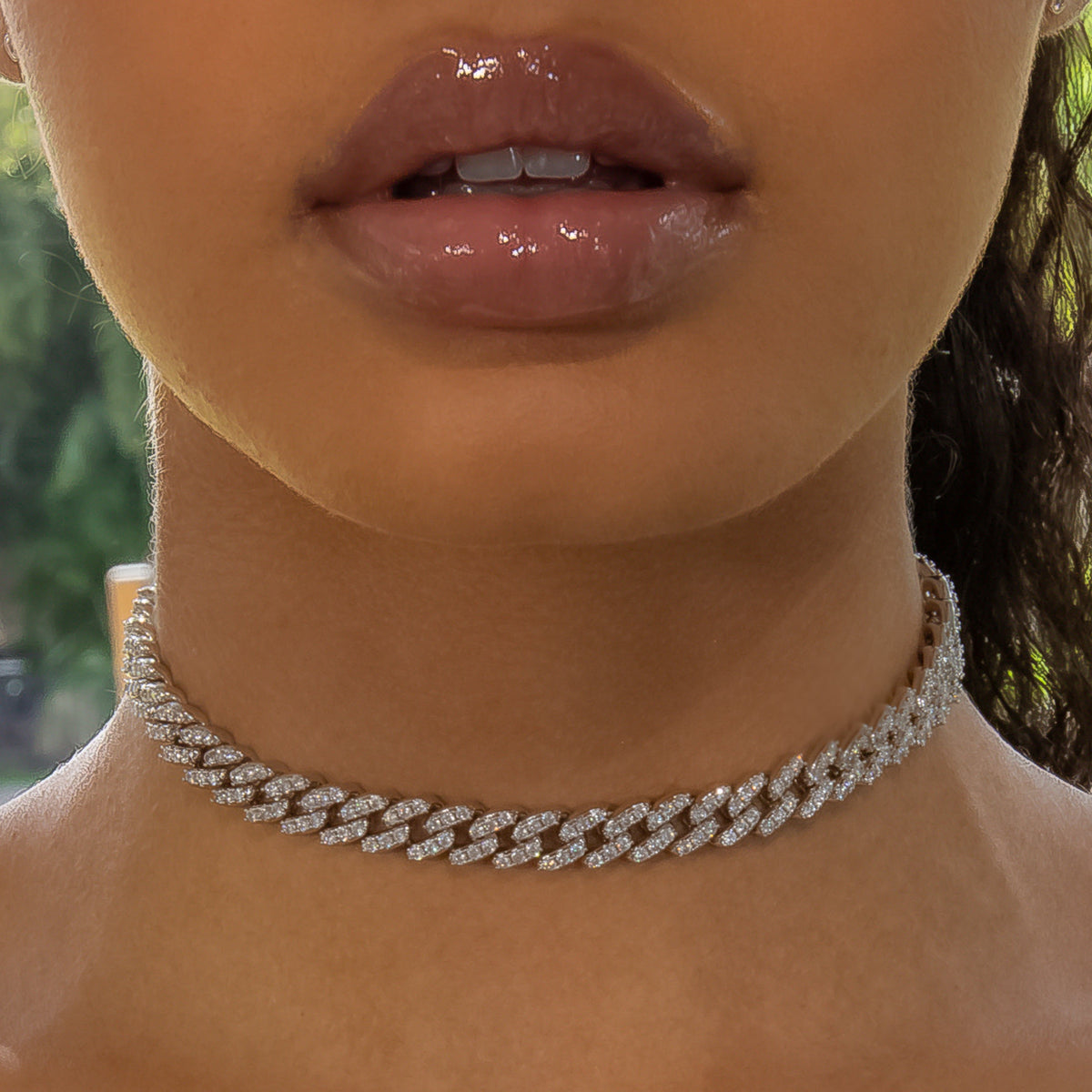 8mm Cuban Link Choker/ Necklace - 18K White Gold · female-model