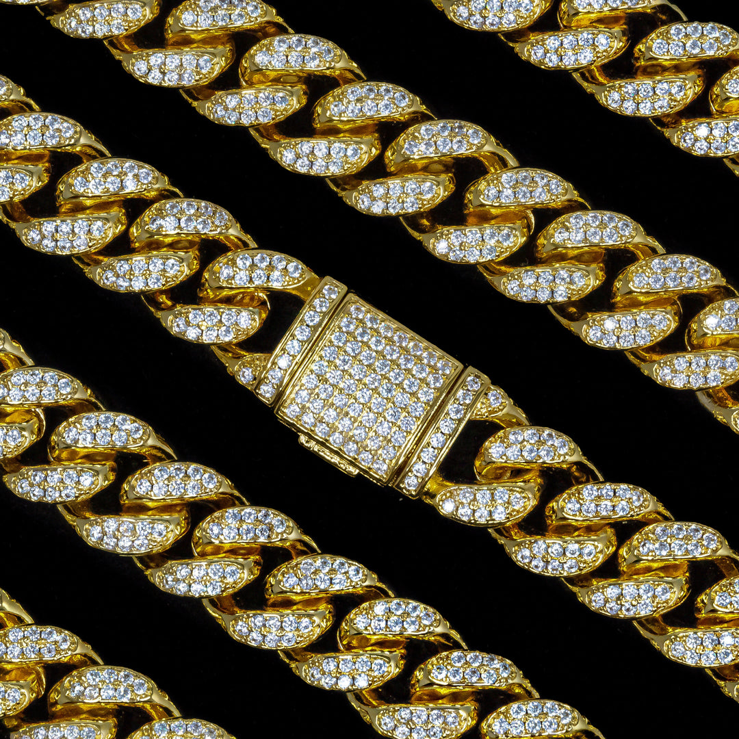 SKRT 12mm yellow gold cuban link studio shot · female-model