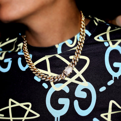 12mm Cuban Link Chain - 18K Yellow Gold · male-model