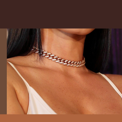 12mm Cuban Link Choker/ Necklace in 18K Rose Gold - product image · female-model