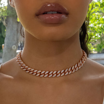 12mm Cuban Link Choker/ Necklace in Rose Gold · female-model