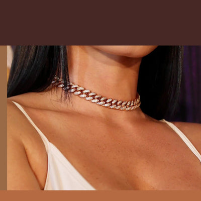 12mm Cuban Link Choker/ Necklace in 18K Rose Gold - product image · female-model