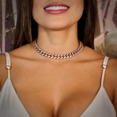12mm Cuban Link Choker/ Necklace in Rose Gold · female-model