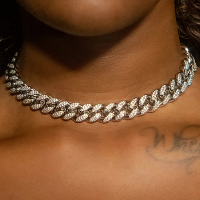 12mm Cuban Link Choker/ Necklace in White Gold · female-model