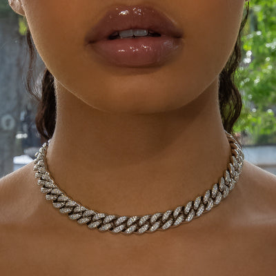 12mm Cuban Link Choker/ Necklace - 18K White Gold · female-model