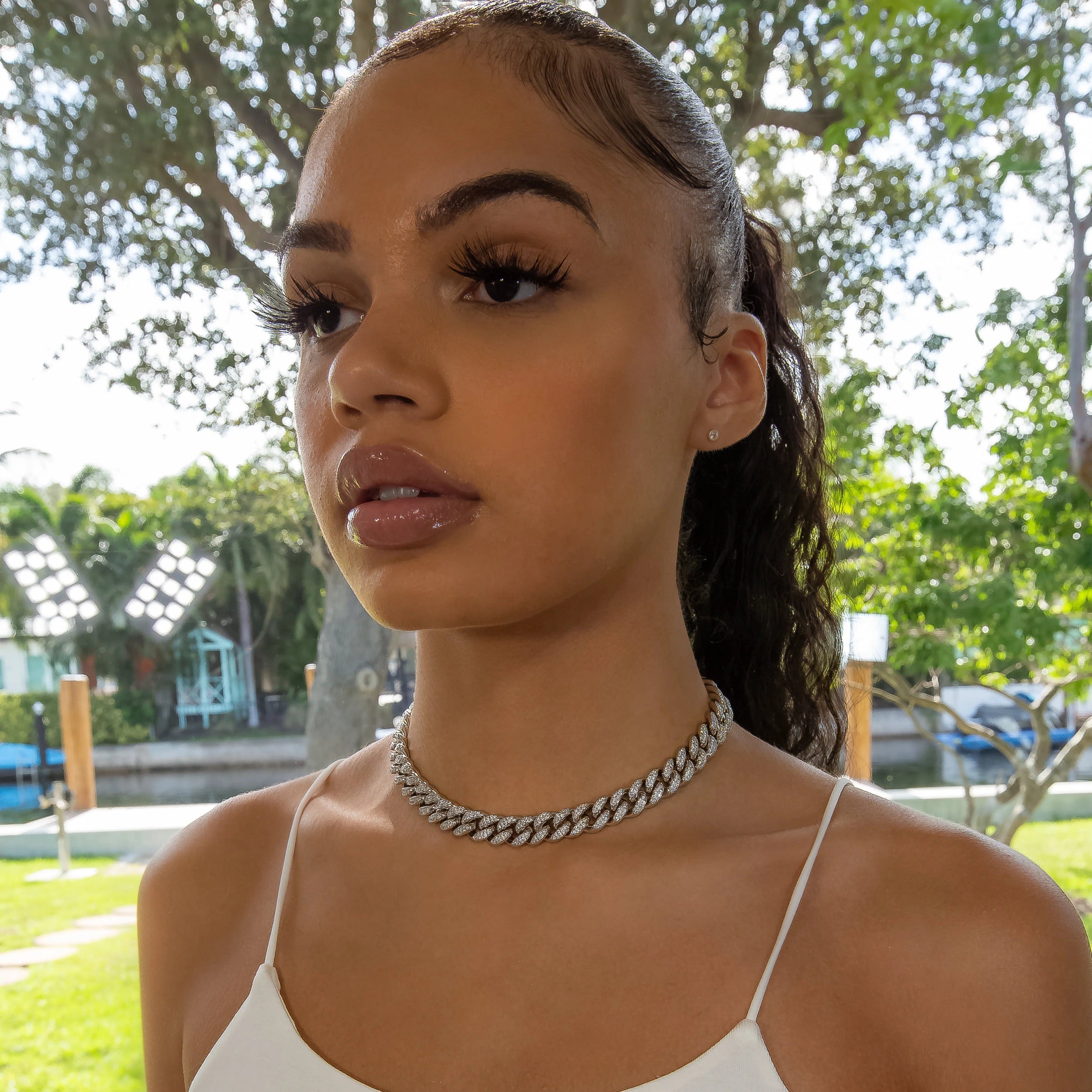 12mm Cuban Link Choker/ Necklace in White Gold · female-model