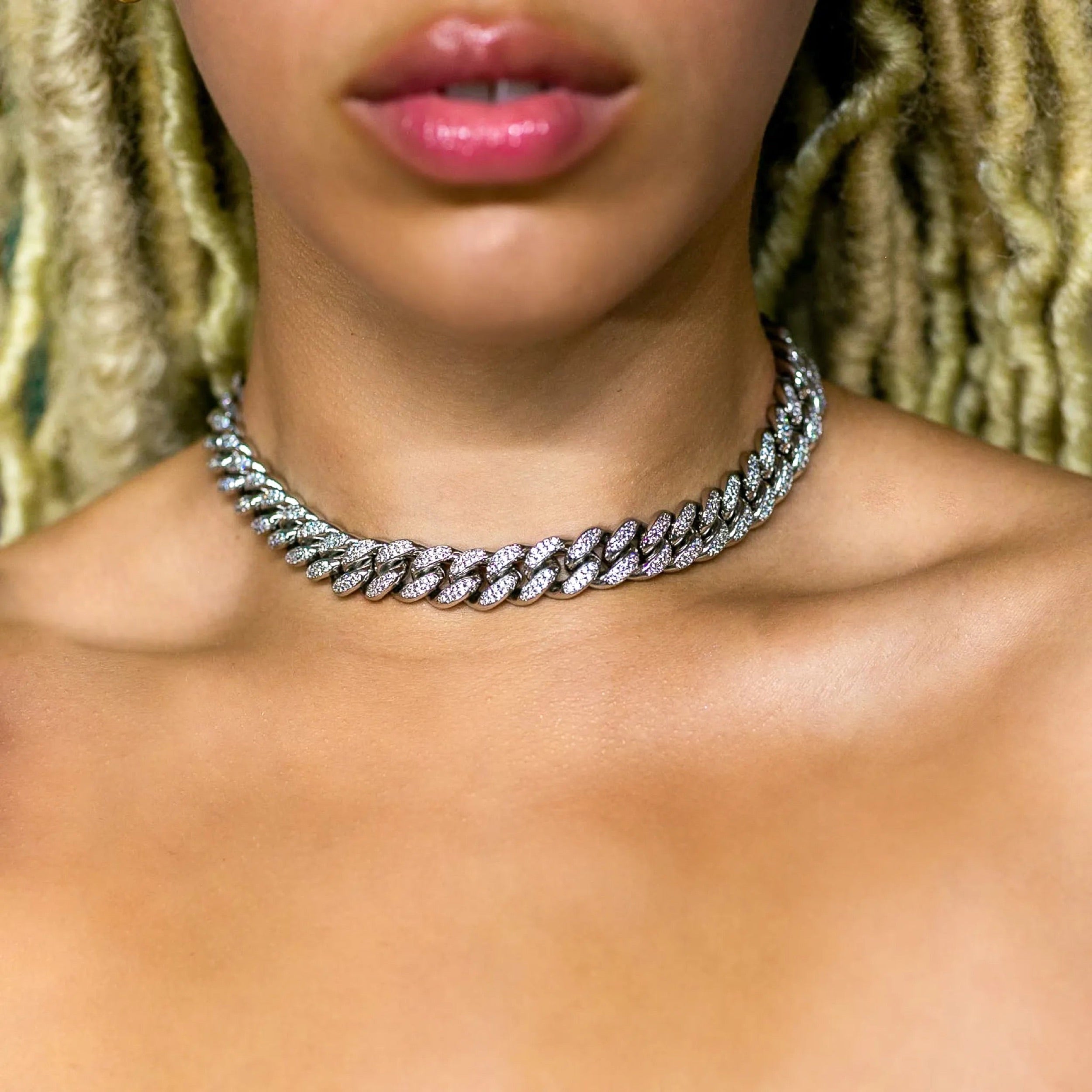 12mm Cuban Link Choker/ Necklace in White Gold · female-model