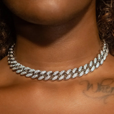 12mm Cuban Link Choker/ Necklace in White Gold · female-model