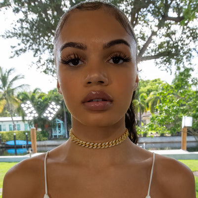 12mm Cuban Link Choker/ Necklace - 18K Yellow Gold · female-model