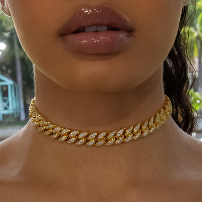 12mm Cuban Link Choker/ Necklace - 18K Yellow Gold · female-model