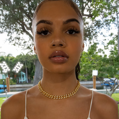12mm Cuban Link Choker/ Necklace - 18K Yellow Gold · female-model