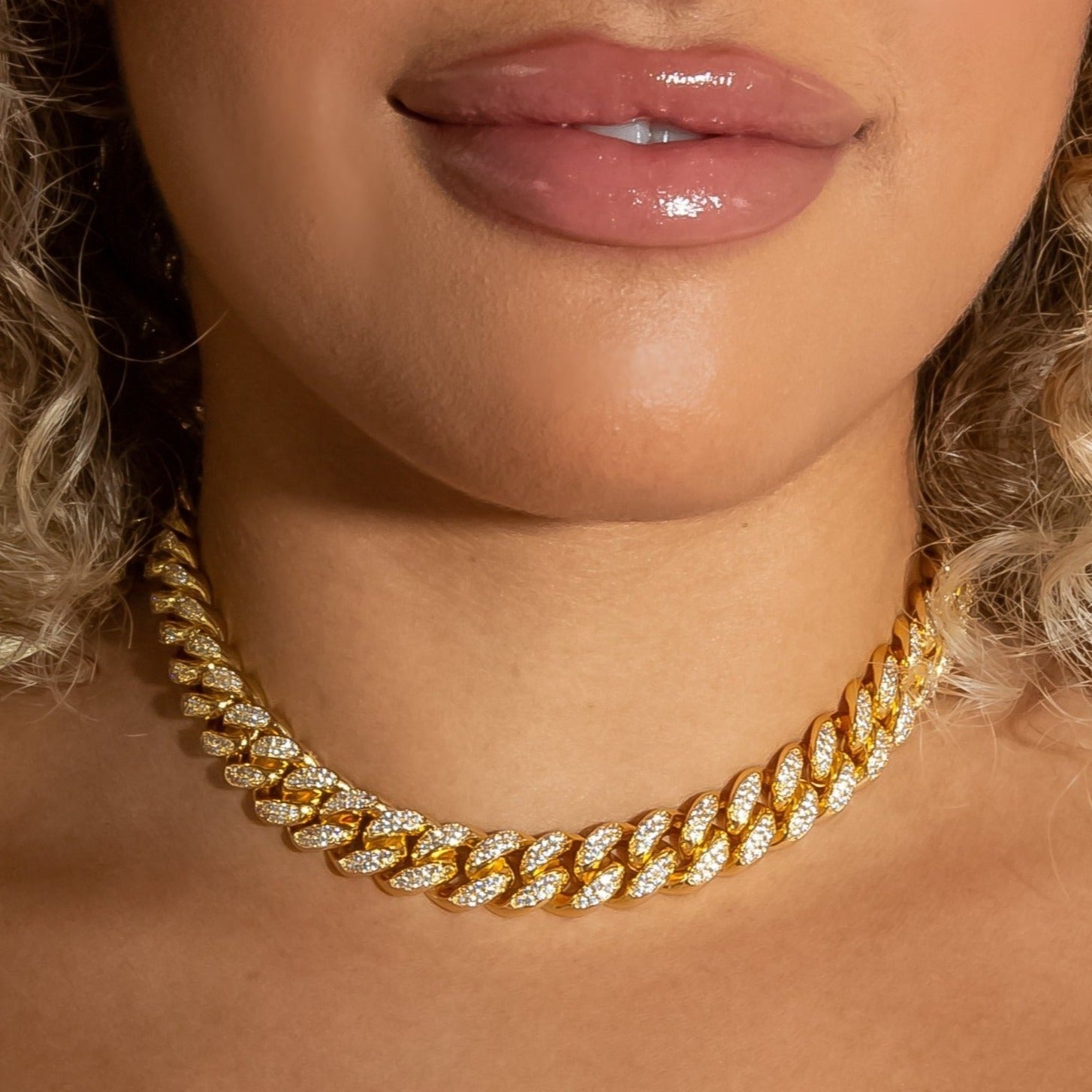 12mm Cuban Link Choker/ Necklace - 18K Yellow Gold · female-model