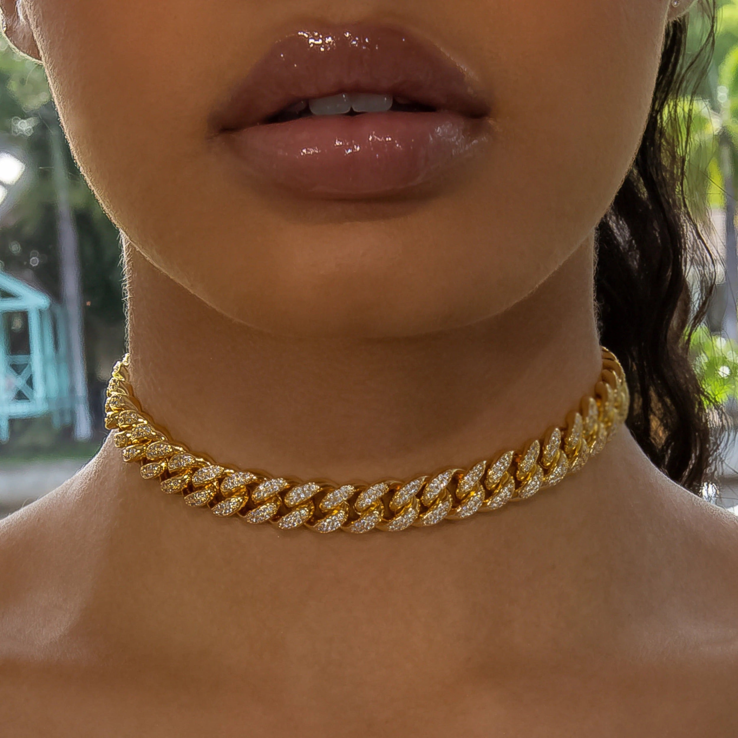12mm Cuban Link Choker/ Necklace in Yellow Gold · female-model