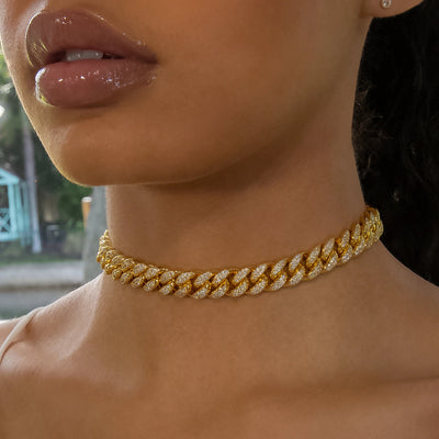 12mm Cuban Link Choker/ Necklace in Yellow Gold · female-model