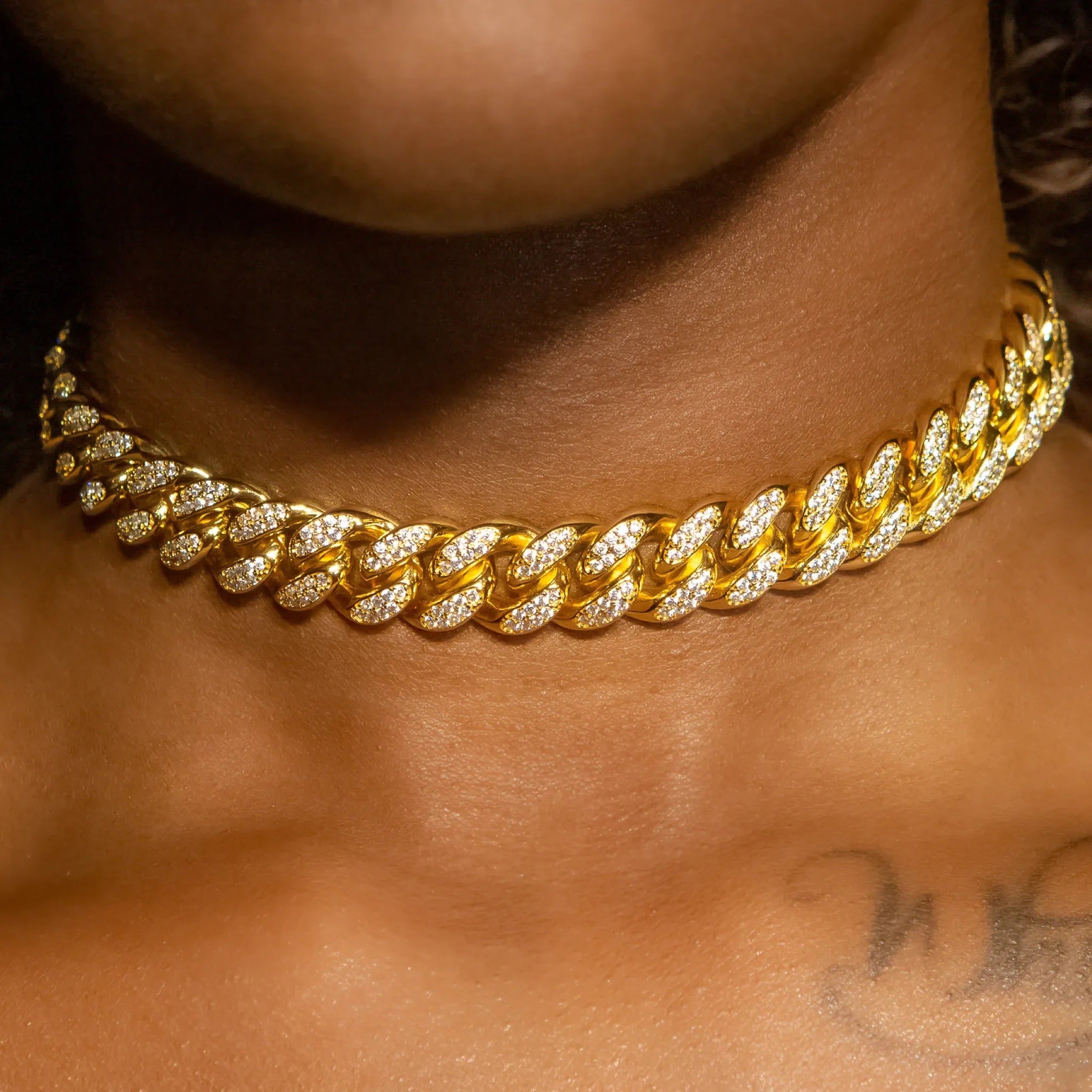 12mm Cuban Link Choker/ Necklace in Yellow Gold · female-model