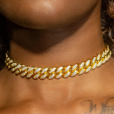 12mm Cuban Link Choker/ Necklace in Yellow Gold · female-model