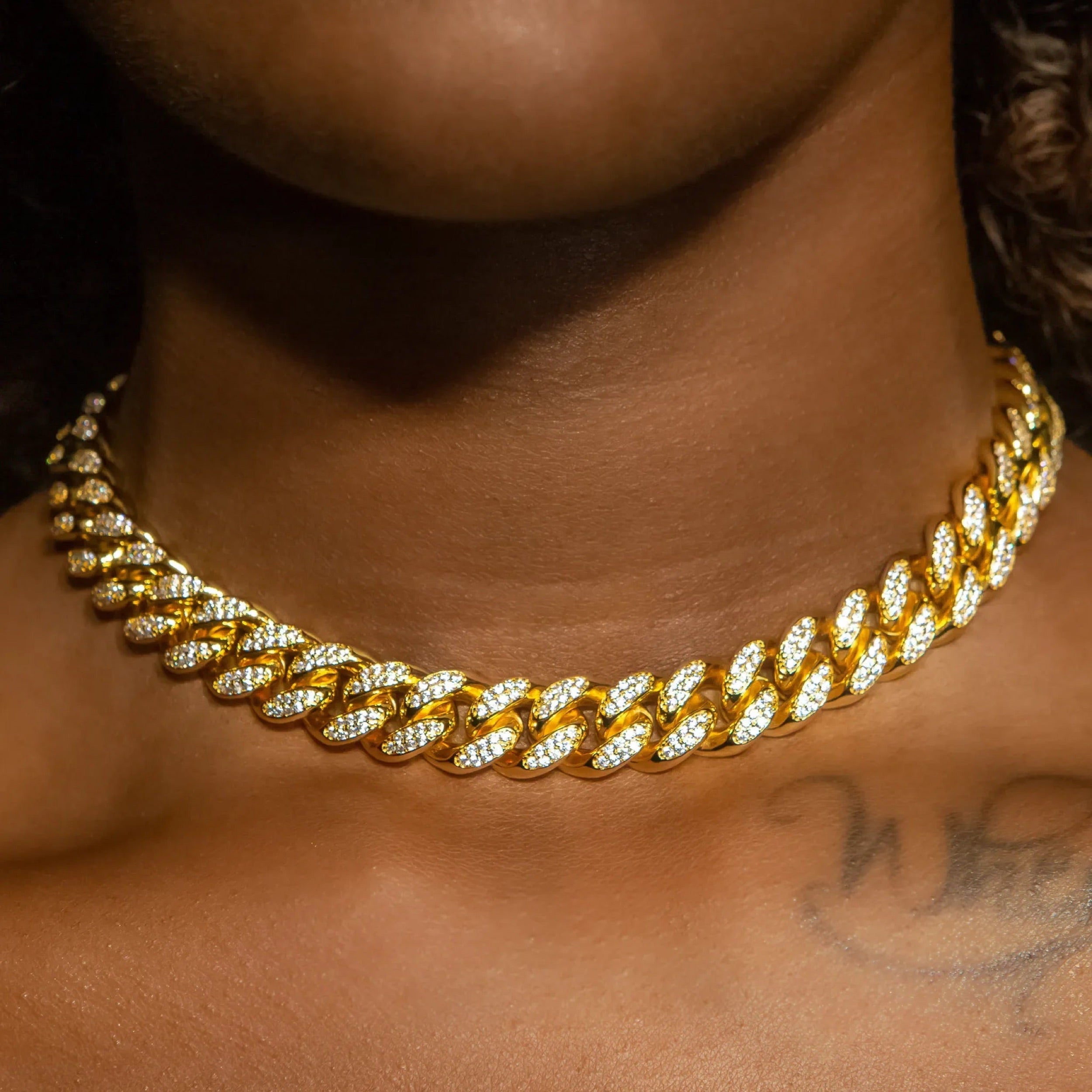 12mm Cuban Link Choker/ Necklace in Yellow Gold · female-model