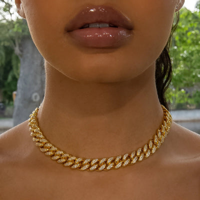 12mm Cuban Link Choker/ Necklace in Yellow Gold · female-model