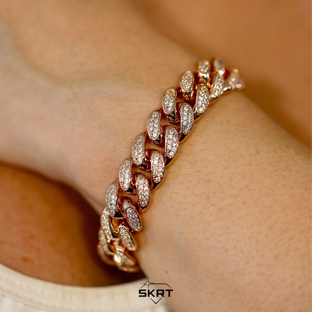 12mm Diamond Cuban Link Bracelet - 18K Rose Gold · female-model
